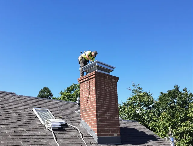 Whitehall Chimney Sweep technician measuring a chimney cap in Whitehall, OH