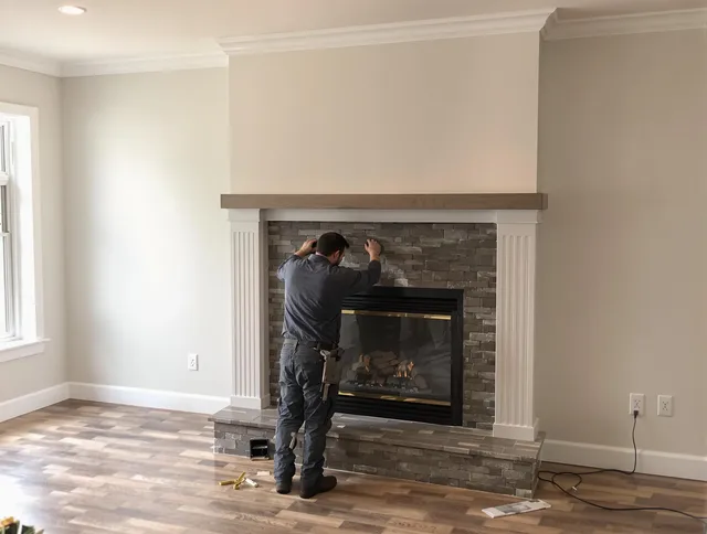 Whitehall Chimney Sweep finishing a custom fireplace install in Whitehall, OH